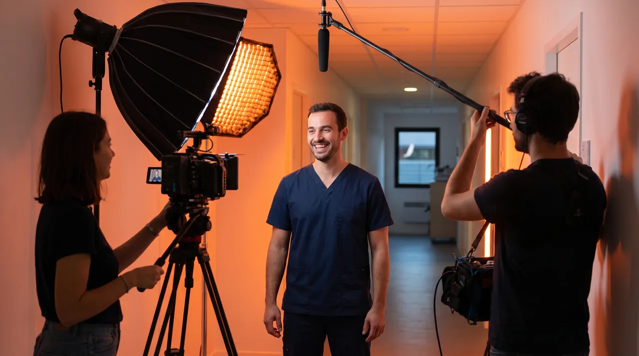 Un aide-soignant souriant filmé en interview dans un couloir de clinique par une équipe avec caméra, perche et lumière douce