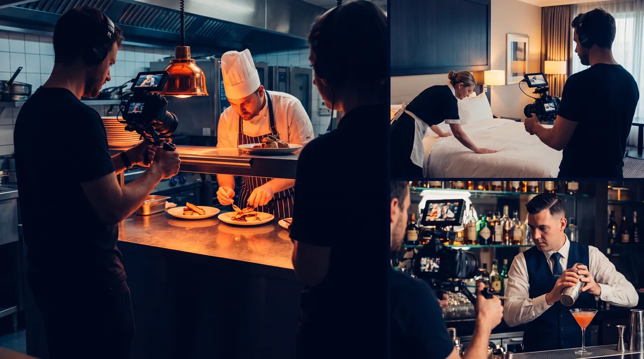 Tournage de portraits métiers dans un hôtel : chef en cuisine, femme de chambre et barman filmés au travail