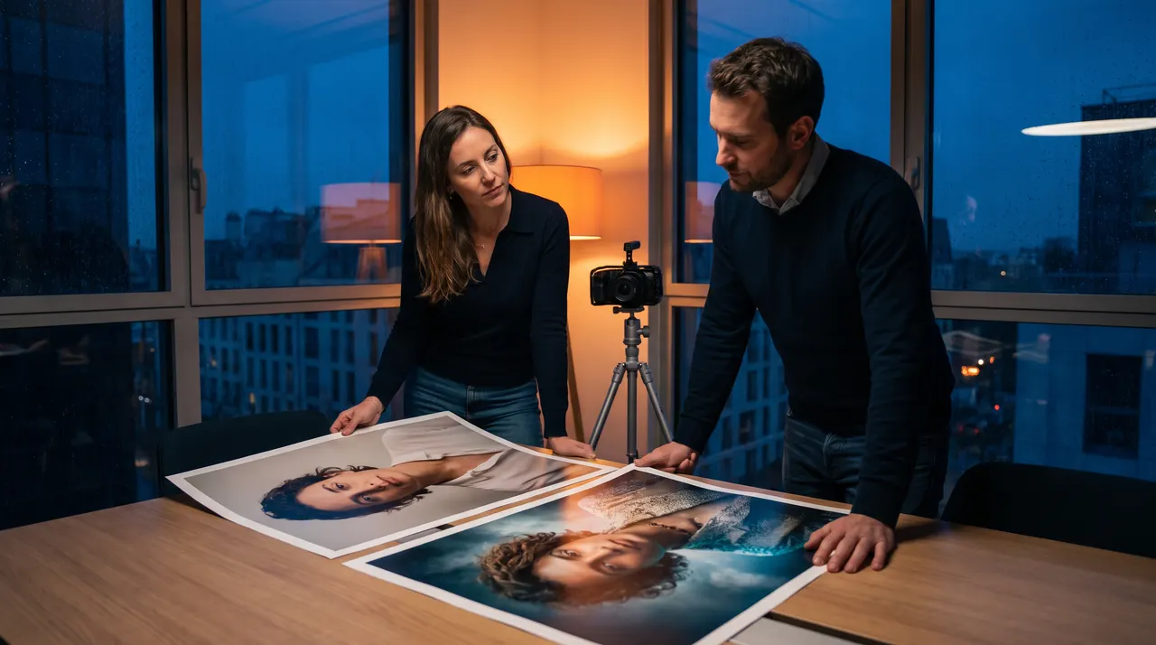 Deux responsables marketing comparent sur une table un portrait photographique et sa version retouchée, le soir dans une salle de réunion