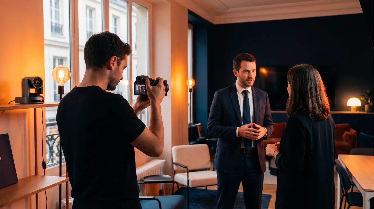 Tournage d'un épisode de fiction courte dans un appartement parisien, caméra compacte à la main et lumière orangée