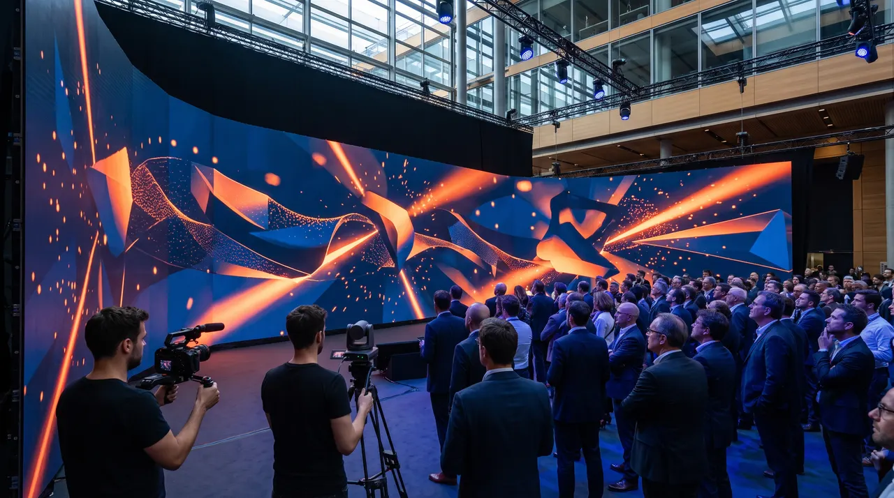 Grand mur LED courbe diffusant des formes animées orange et bleu nuit devant les participants d'une convention, filmé par une équipe vidéo