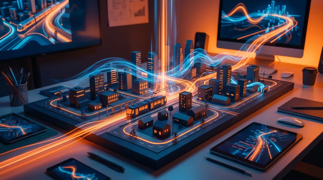 Maquette de ville traversée de tracés lumineux orange et bleus, avec tramway et cyclistes, sur un bureau de motion designer