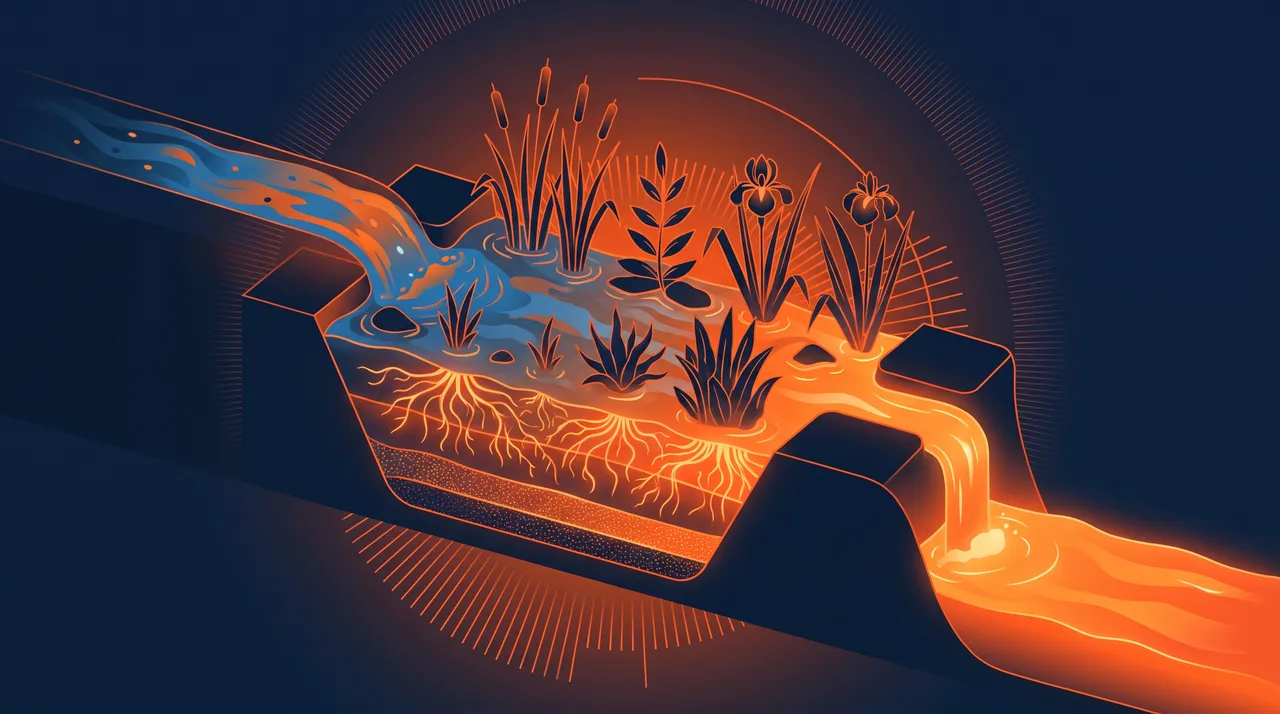 Illustration en coupe d'un bassin planté qui filtre l'eau à travers les racines et les couches de gravier