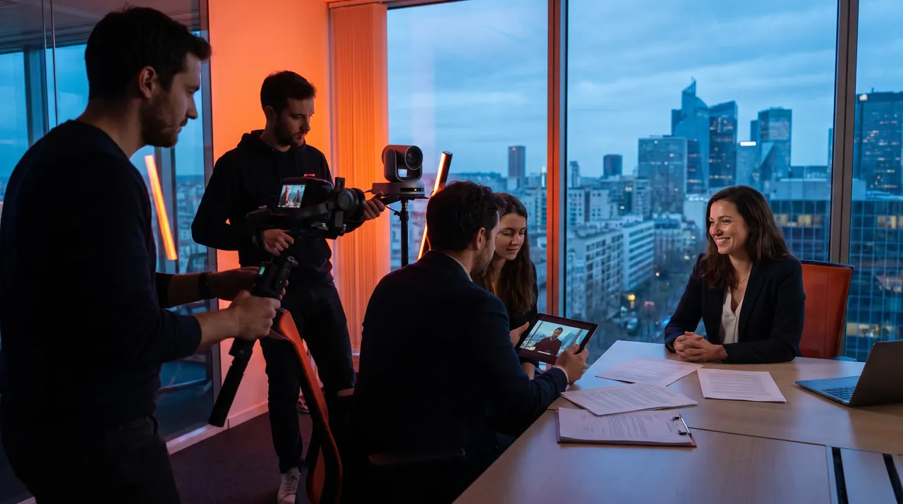 Équipe de tournage et chargés de communication relisant une vidéo sur tablette dans une salle de réunion, lumière orange et ciel bleu nuit