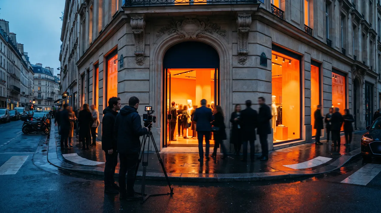 Soirée d’inauguration devant les vitrines éclairées d’un magasin parisien, une équipe vidéo filme depuis le trottoir