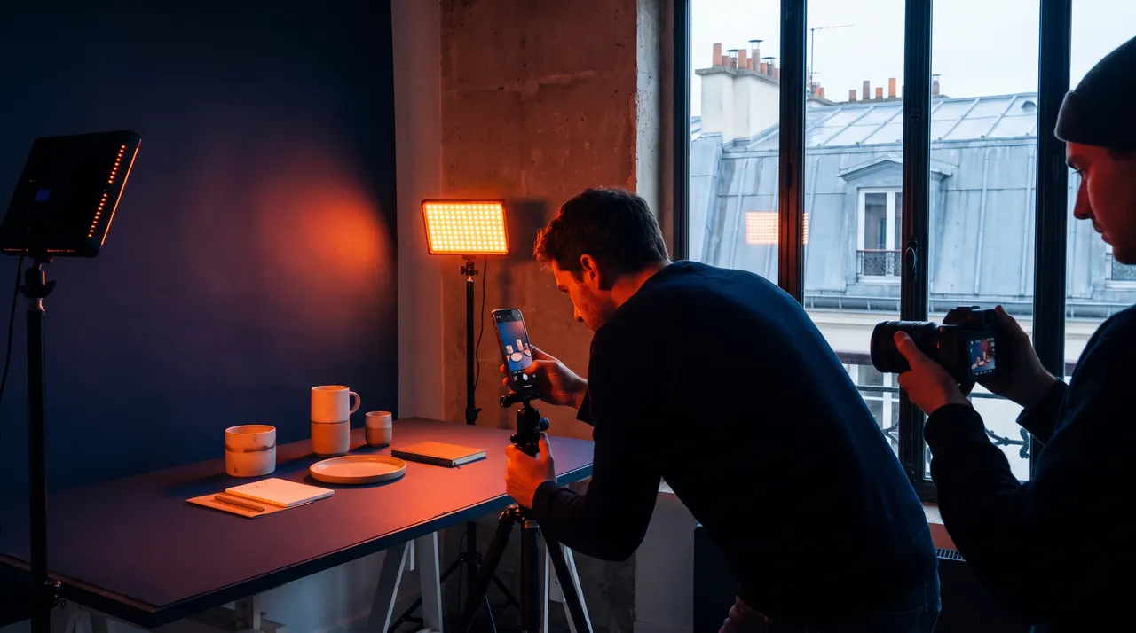 Photographe cadrant des objets en céramique au smartphone sur trépied, éclairés par un panneau LED orange, pendant qu'un collègue photographie la scène