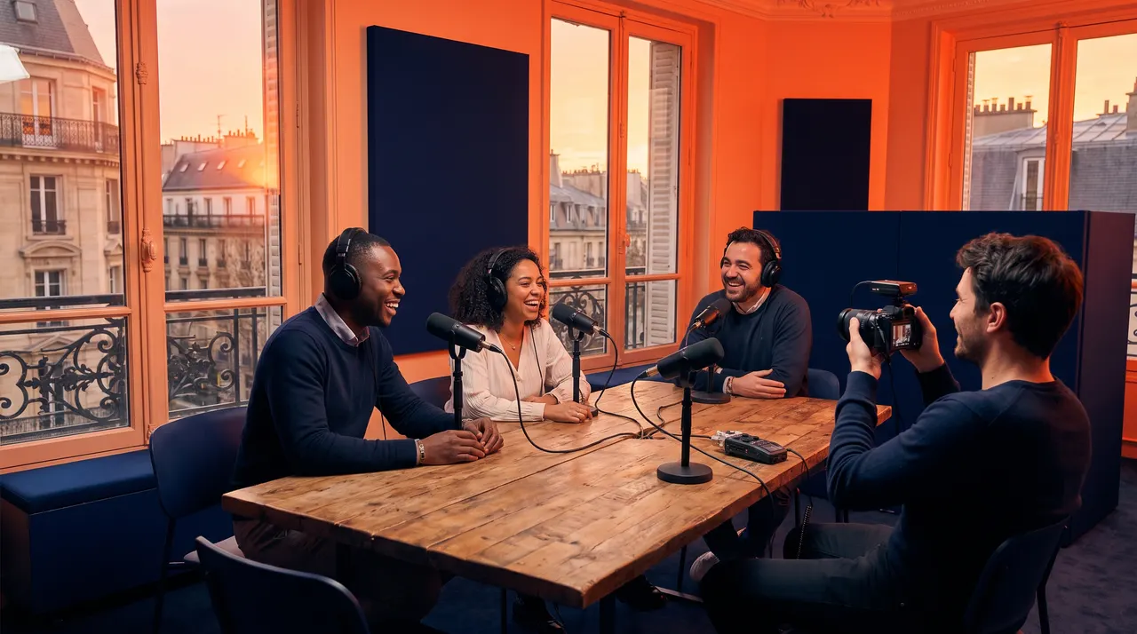 Enregistrement d'un podcast de communication interne avec une dirigeante et un collaborateur en studio