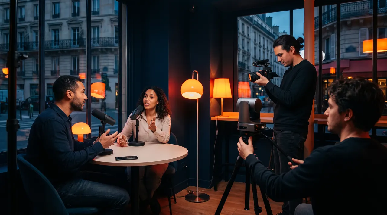 Enregistrement d'un podcast de marque dans un studio parisien : deux intervenants au micro, une caméra PTZ et un vidéaste qui filme la conversation