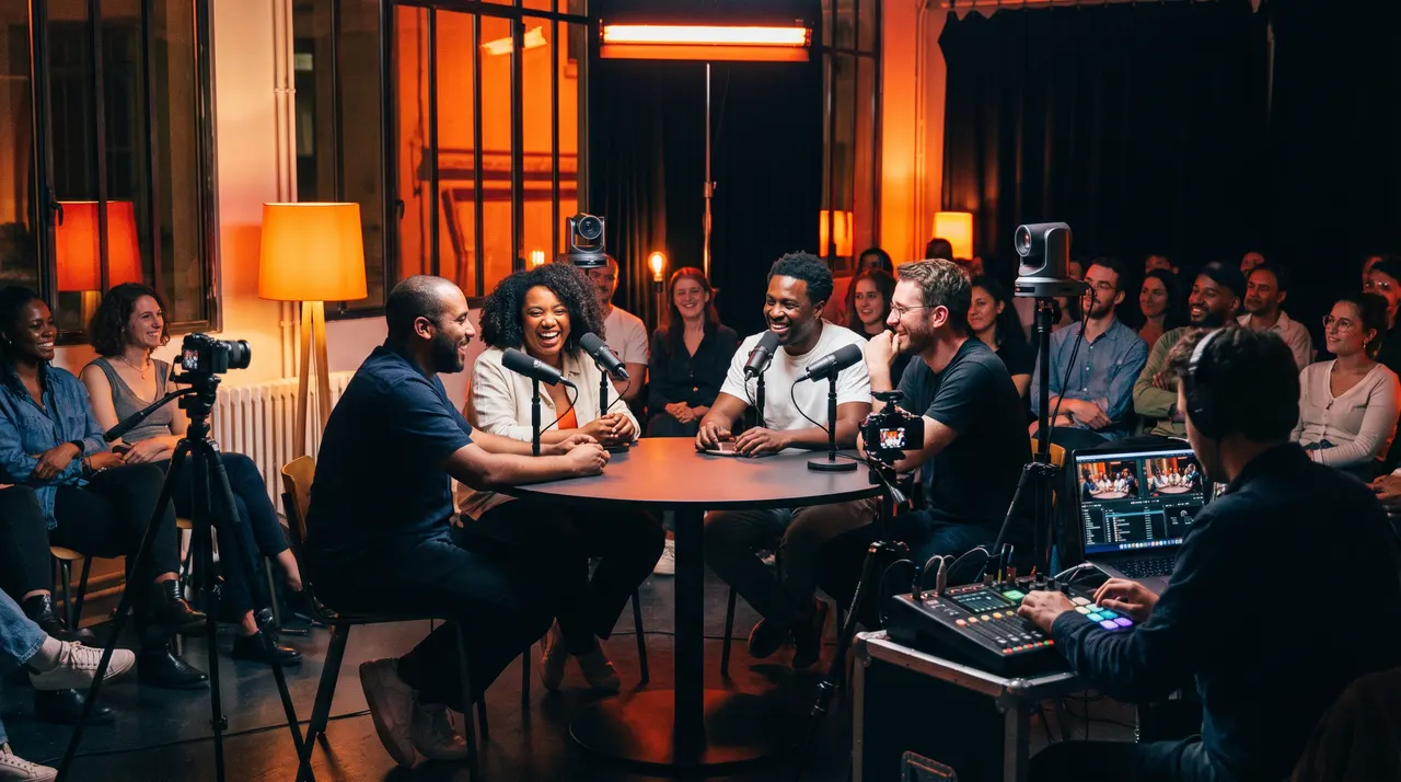 Enregistrement d'un podcast en public autour d'une table ronde, caméras PTZ, régie et spectateurs dans une lumière orange