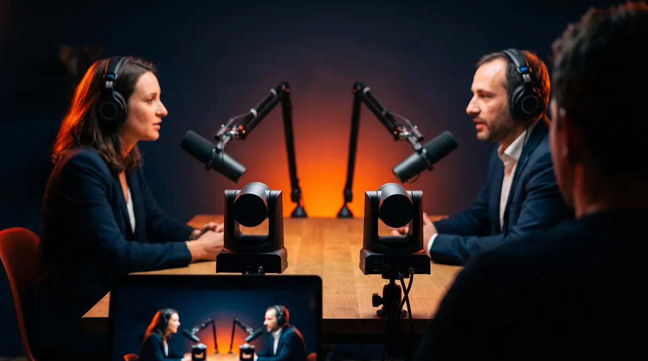 Studio podcast vidéo tamisé : deux intervenants face à face aux micros, deux petites caméras PTZ et un écran de contrôle, lumière orange sur fond bleu nuit