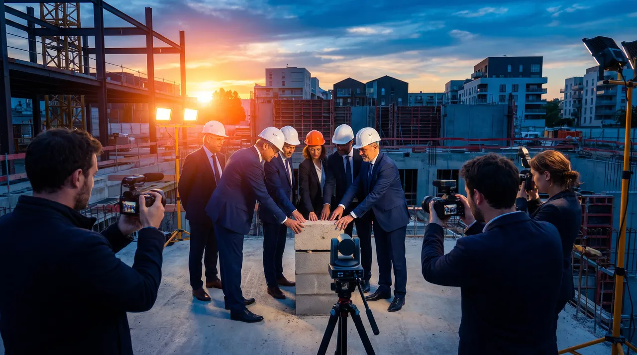 Cérémonie de pose de première pierre sur un terrain en chantier, officiels réunis autour de la pierre sous une lumière orangée