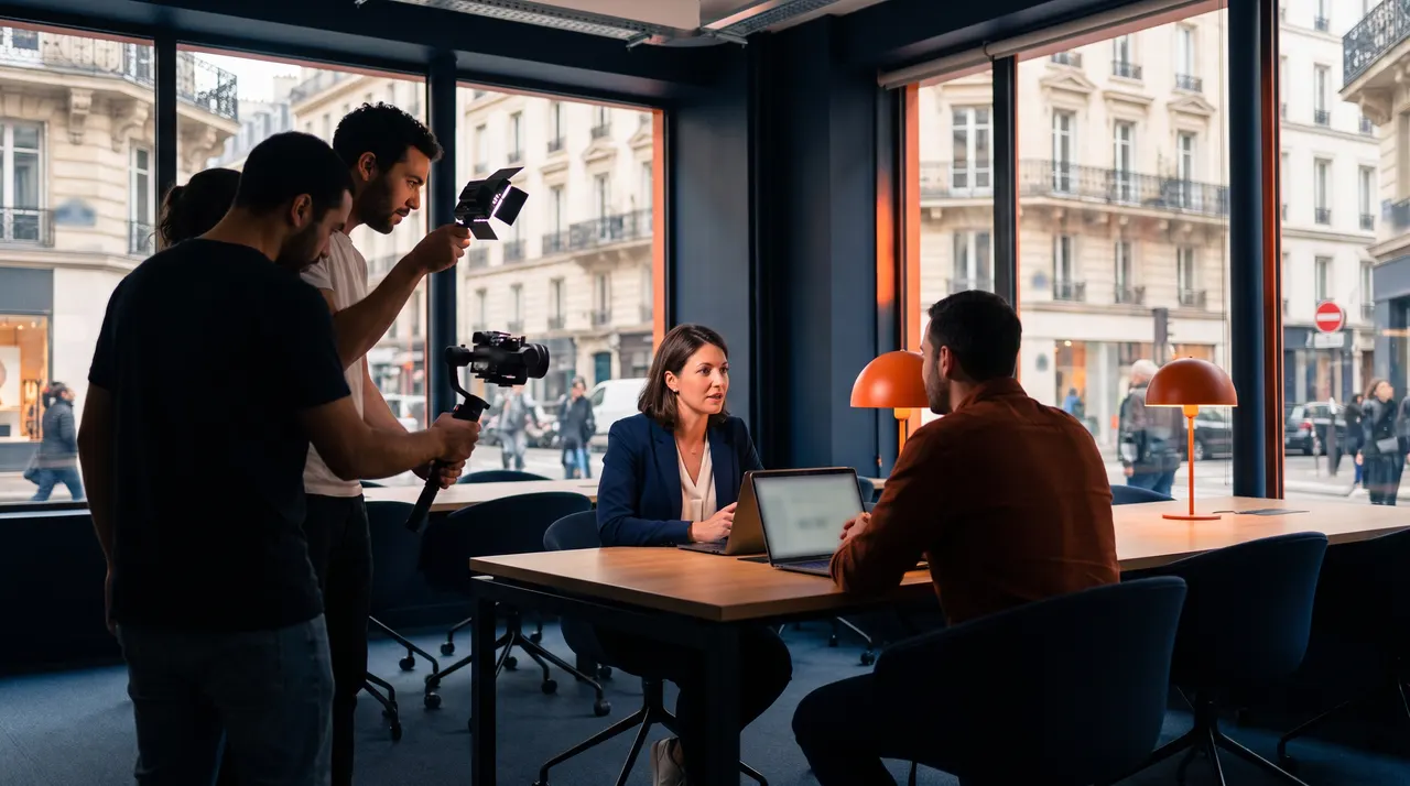Une petite équipe de tournage filme l'échange entre une responsable marketing et son client, dans un bureau parisien aux lampes orange