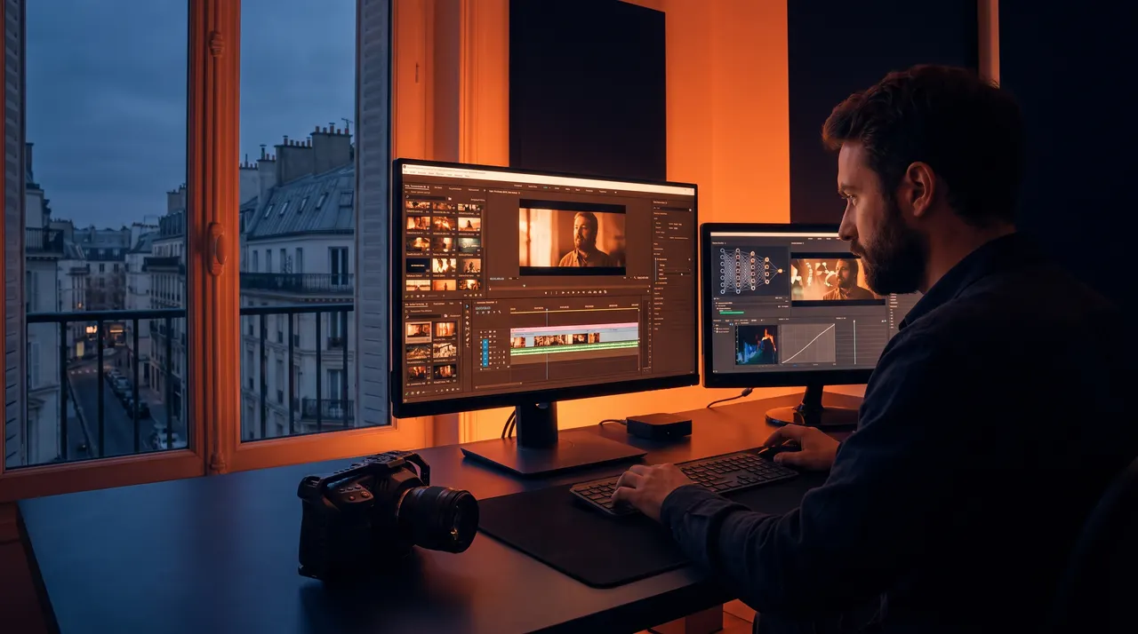 Monteur devant deux écrans de montage et d'étalonnage dans un studio parisien, lumière orange et fenêtre bleu nuit