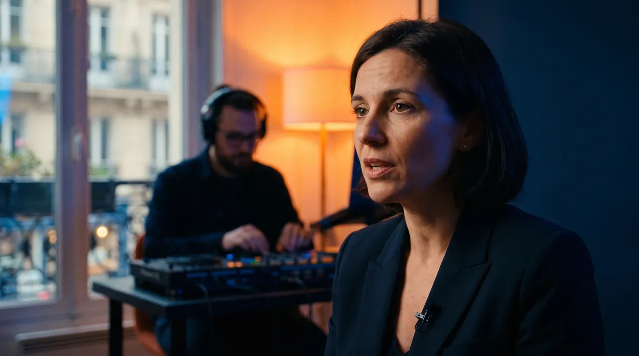 Dirigeante interviewée avec un micro-cravate sans fil, ingénieur du son au casque en arrière-plan
