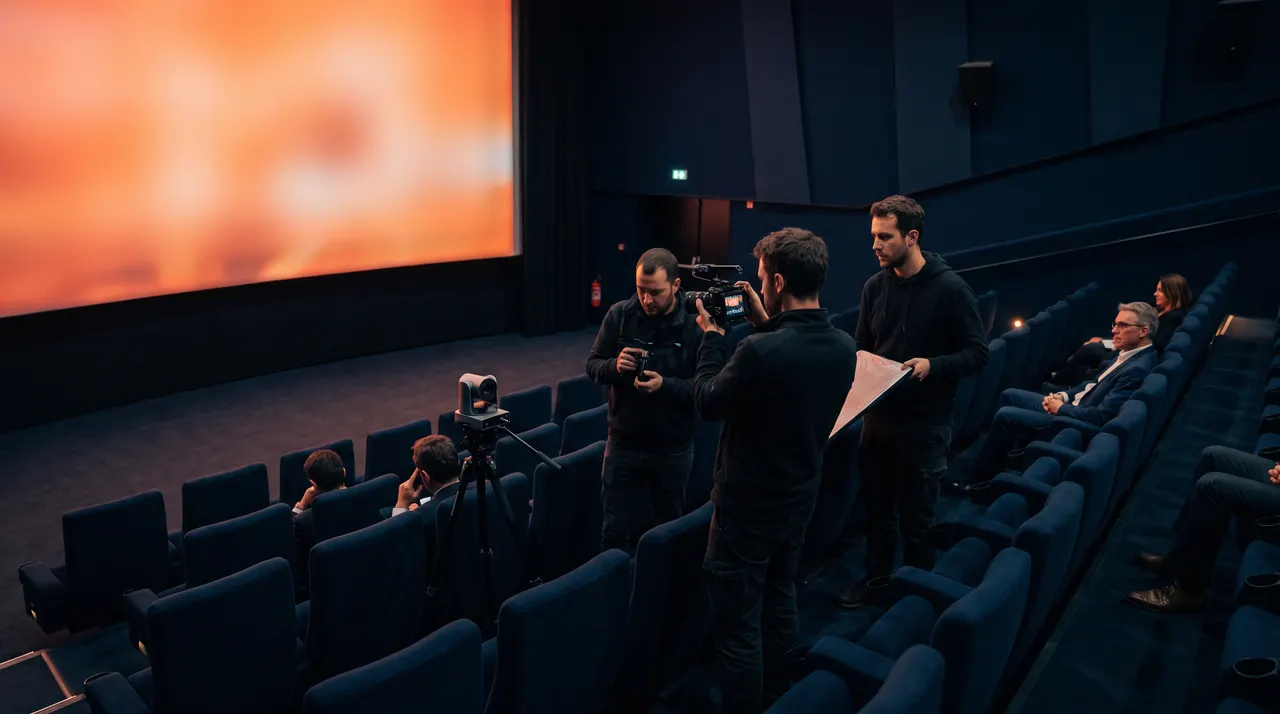 Petite équipe de tournage avec caméra compacte et caméra PTZ dans une salle de cinéma aux fauteuils bleu nuit, face à un grand écran orangé