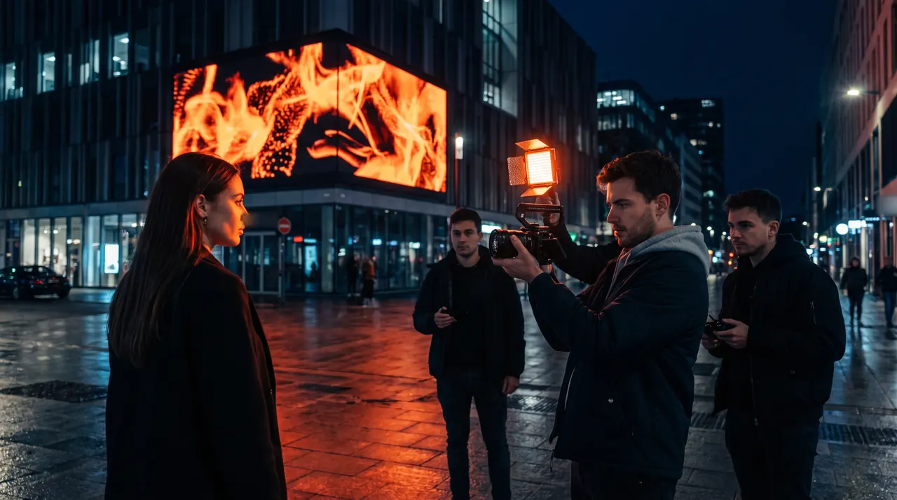 Équipe de tournage légère filmant une femme de nuit sur une place urbaine, devant un grand écran LED d'angle aux images orangées