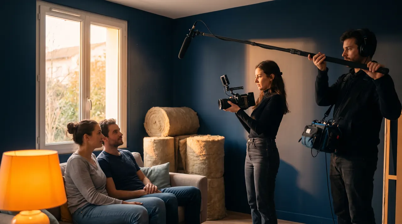 Une cadreuse avec une caméra compacte et un preneur de son à la perche filment un couple assis dans un salon en rénovation, rouleaux d'isolant contre le mur bleu nuit et lampe orange