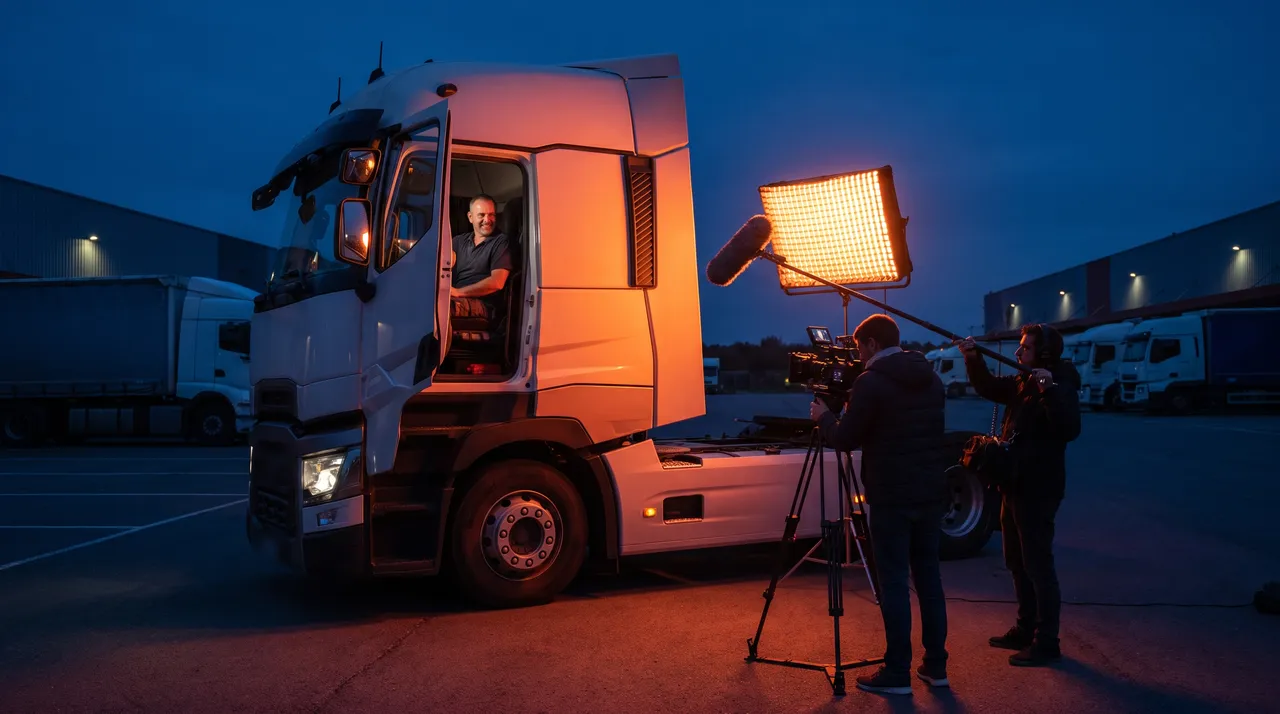 Un conducteur routier dans la cabine de son camion à l’arrêt, filmé par une petite équipe vidéo au crépuscule