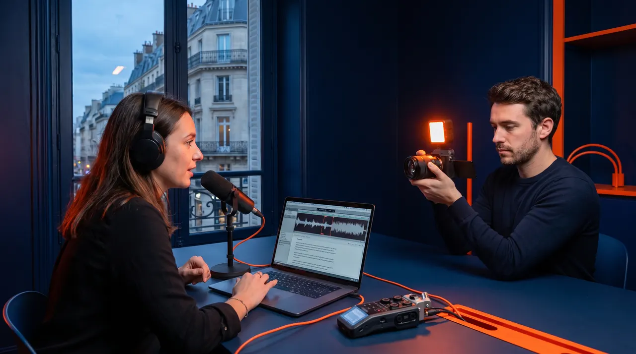 Podcasteuse au micro devant un ordinateur affichant la forme d'onde et la transcription d'un épisode, filmée par un vidéaste dans un studio parisien bleu nuit