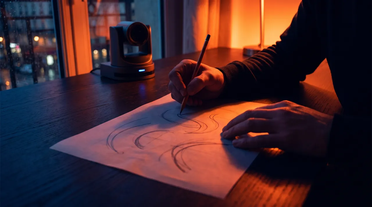Mains d'une designer traçant au crayon des courbes sur papier calque, caméra PTZ près d'une fenêtre sur la ville la nuit