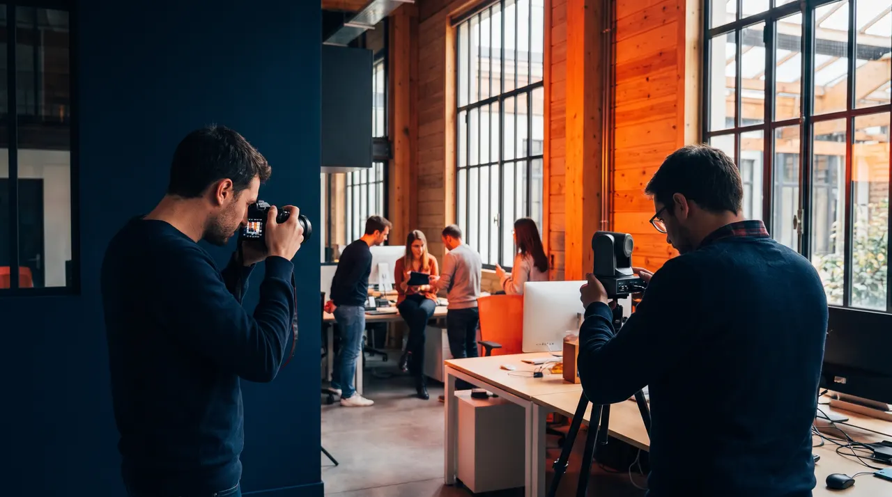 Photographe en reportage dans des bureaux lumineux, un collègue à la petite caméra, équipes au travail en arrière-plan