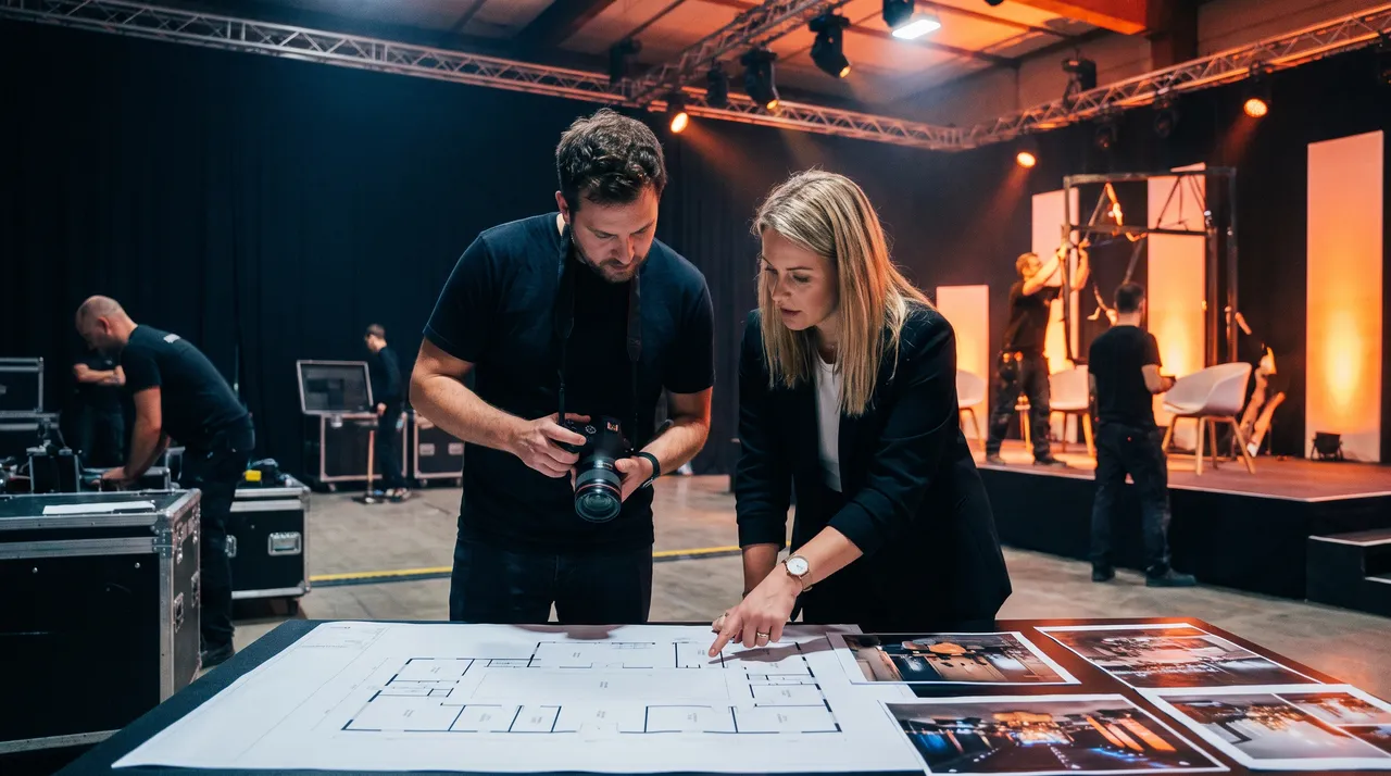 Photographe et responsable événementielle qui préparent un reportage photo avec le plan de la salle et des tirages d'ambiance, pendant l'installation de la scène