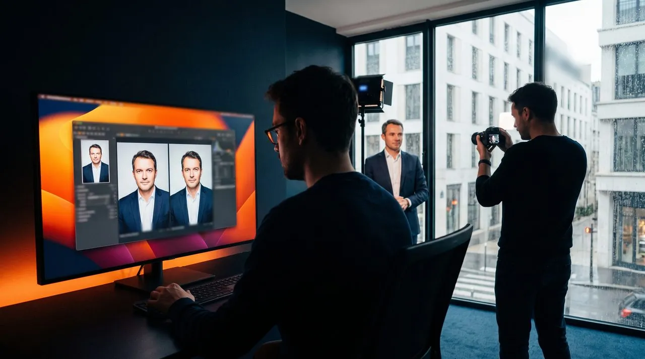 Retoucheur devant un écran comparant deux versions d'un portrait corporate, un photographe et son modèle en arrière-plan