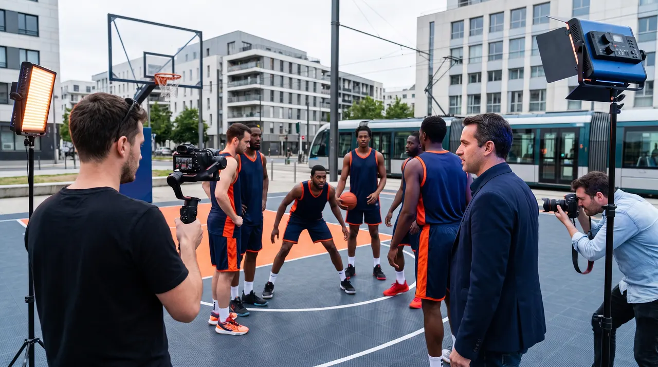 Vidéaste avec stabilisateur filmant une équipe de basket en maillots bleu nuit et orange sur un terrain urbain, sous le regard d'un dirigeant partenaire et d'un photographe
