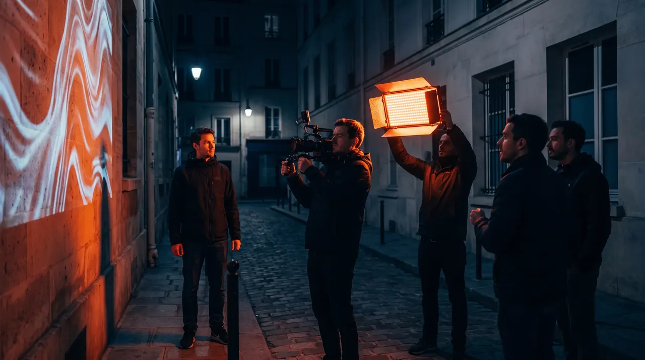 Tournage de nuit dans une ruelle pavée : un opérateur filme un acteur éclairé par une projection orange, un assistant tient un panneau LED