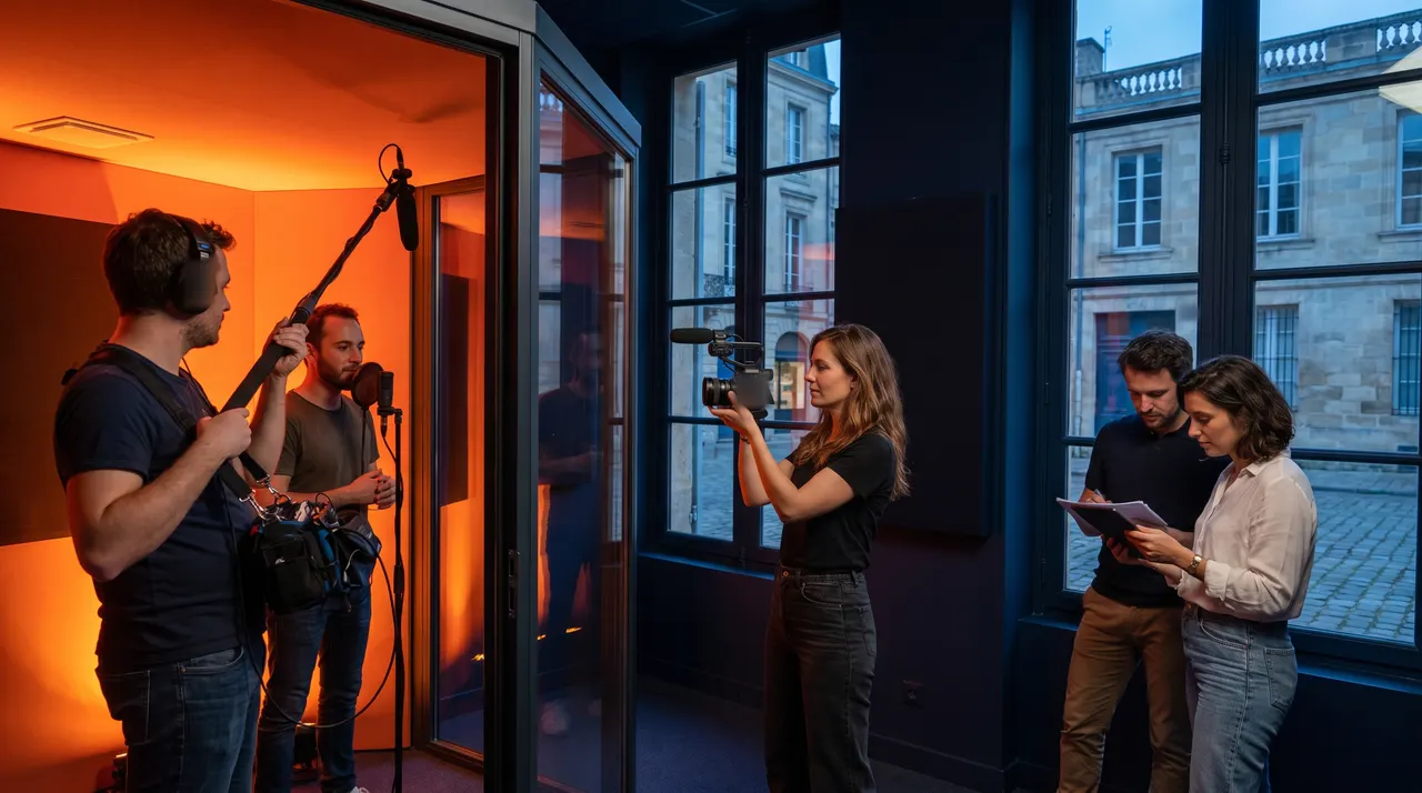 Enregistrement d'un spot radio dans une cabine éclairée en orange, filmé par une vidéaste pendant que deux producteurs relisent le script