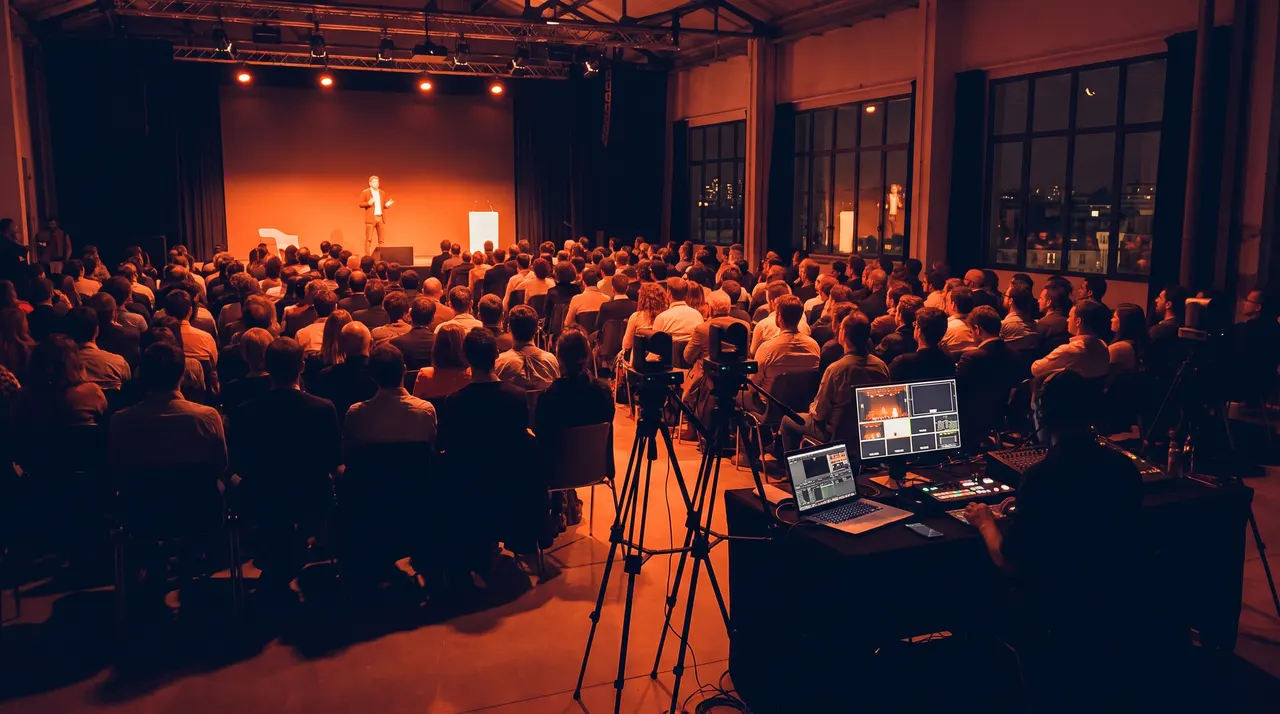 Conférence d'entreprise filmée depuis le fond de la salle par des caméras discrètes, public de dos face à la scène