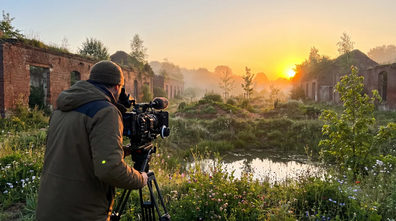À l’aube, un cadreur filme une ancienne friche industrielle en briques devenue parc agroécologique avec potagers et mare
