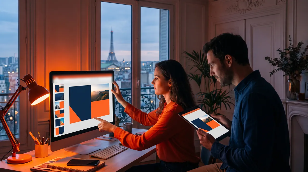 Une graphiste ajuste la mise en page d'une présentation sur un grand écran aux aplats orange et bleu nuit, un collègue suit sur une tablette