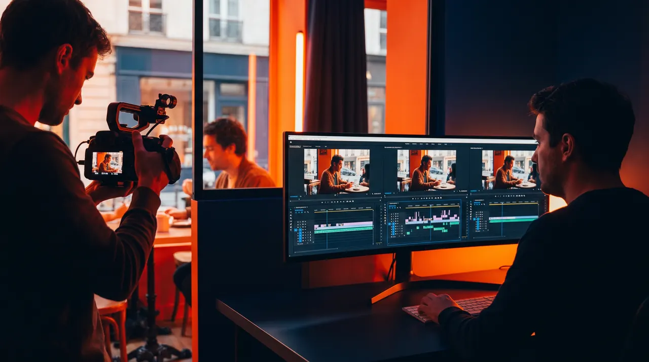 Vidéaste filmant une scène de café pendant qu'un monteur compare trois versions du même plan sur un écran large éclairé en orange