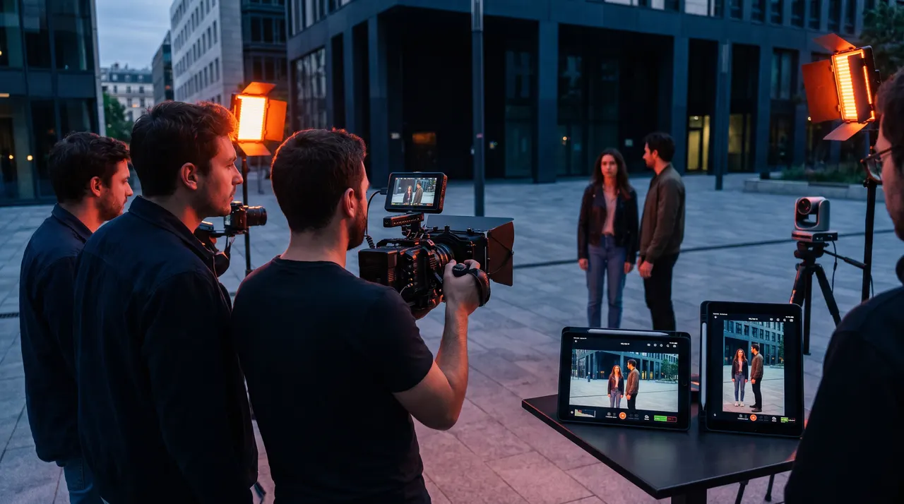 Équipe de tournage en extérieur au crépuscule, deux tablettes affichant le même plan en horizontal et en vertical