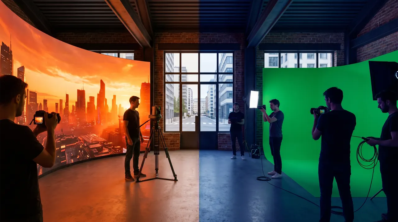 Studio de tournage partagé entre un mur LED affichant une ville au coucher du soleil et un fond vert, opérateurs équipés de caméras compactes