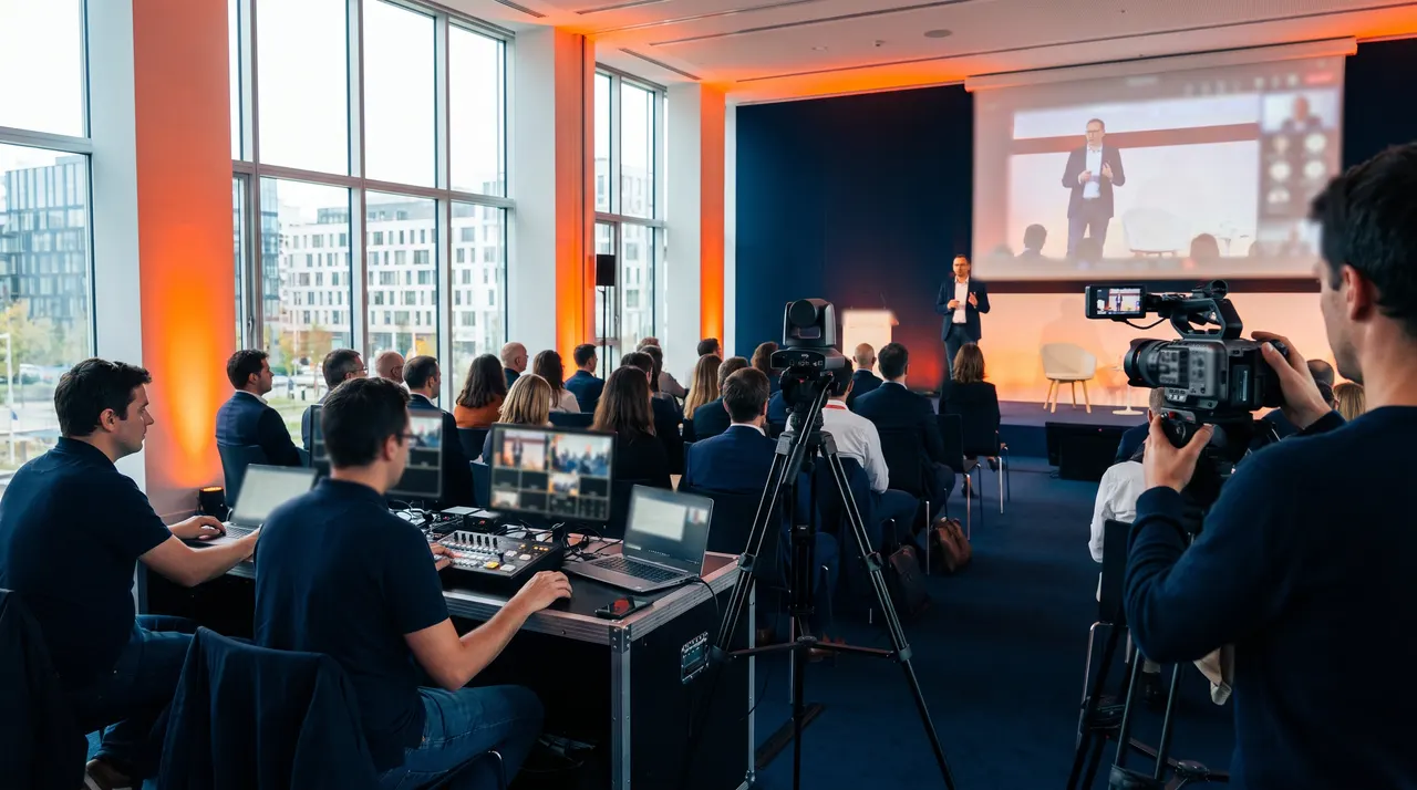 Régie de captation multicaméra pendant un town hall diffusé dans Microsoft Teams devant une salle de collaborateurs