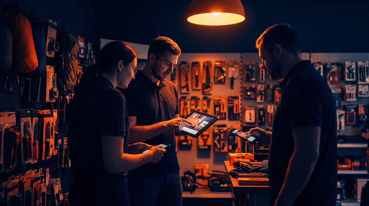 Équipe d'un magasin de bricolage consultant un tutoriel vidéo sur tablette et smartphone devant un mur d'outillage
