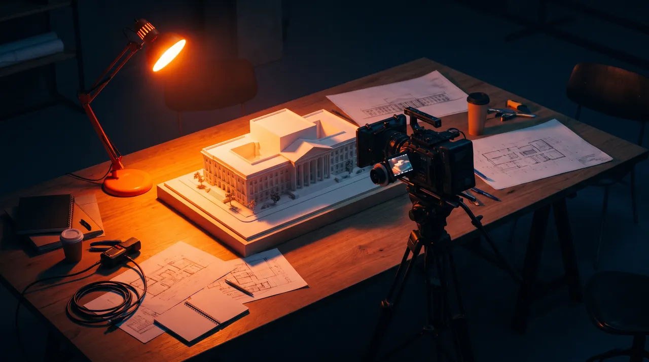 Une maquette blanche d’équipement public éclairée par une lampe orange, filmée par une caméra sur trépied au milieu des plans