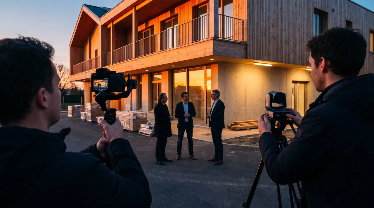 Équipe de tournage légère filmant trois responsables devant un bâtiment neuf à ossature bois, au coucher du soleil