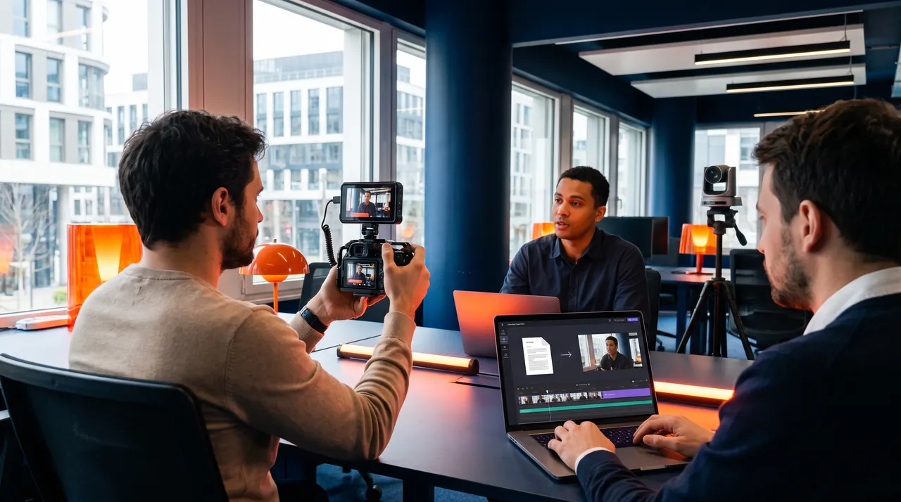 Équipe de communication interne qui transforme un document en vidéo sur un ordinateur portable pendant un tournage en entreprise