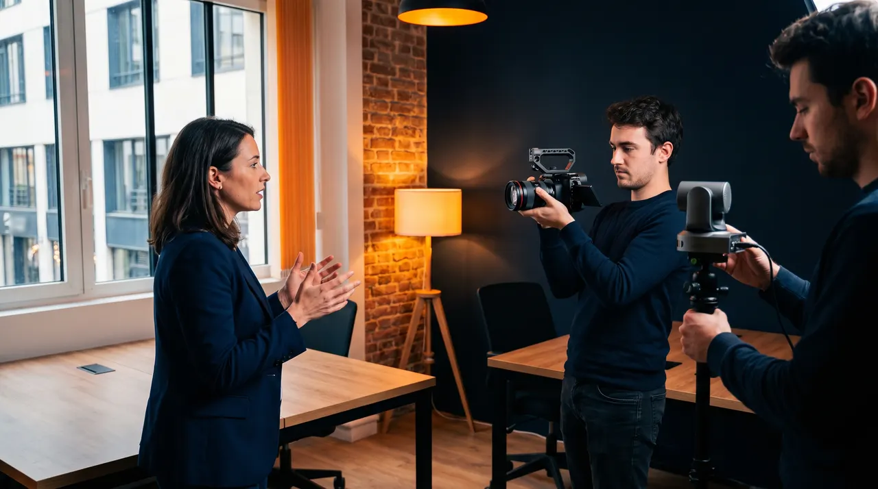 Une fondatrice de startup présente son projet face caméra dans un bureau aux murs de brique, filmée par deux opérateurs vidéo