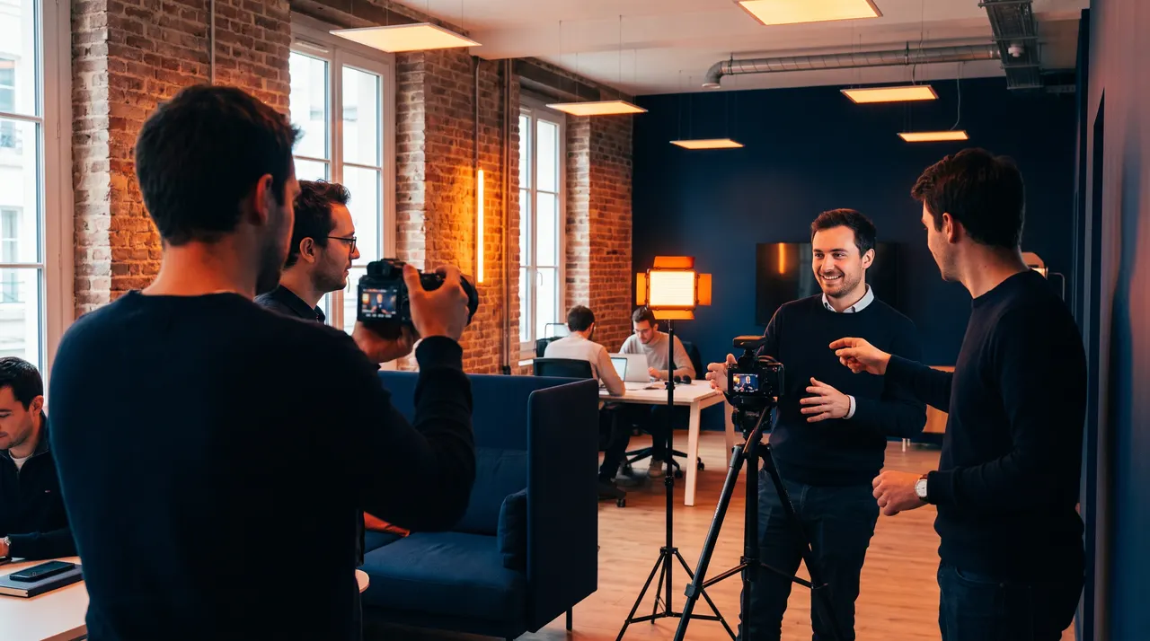 Tournage d'une vidéo de recrutement dans un open space, caméra compacte et projecteur à lumière orange