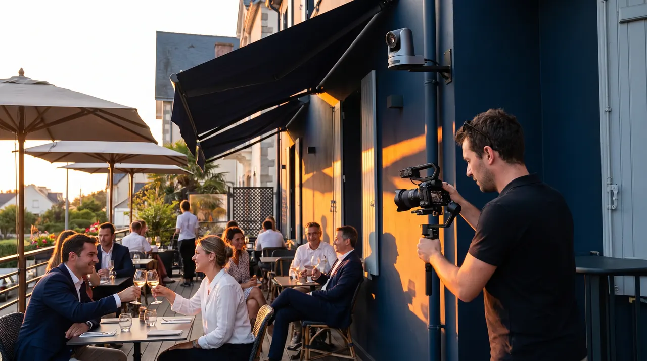 Vidéaste avec une caméra compacte sur stabilisateur filmant la terrasse d'un hôtel au coucher du soleil
