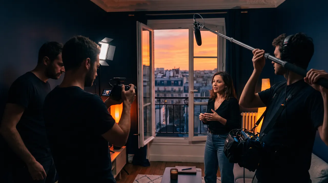Équipe de tournage filmant une femme qui parle face caméra dans un appartement parisien, perche micro au-dessus, lumière orange du couchant