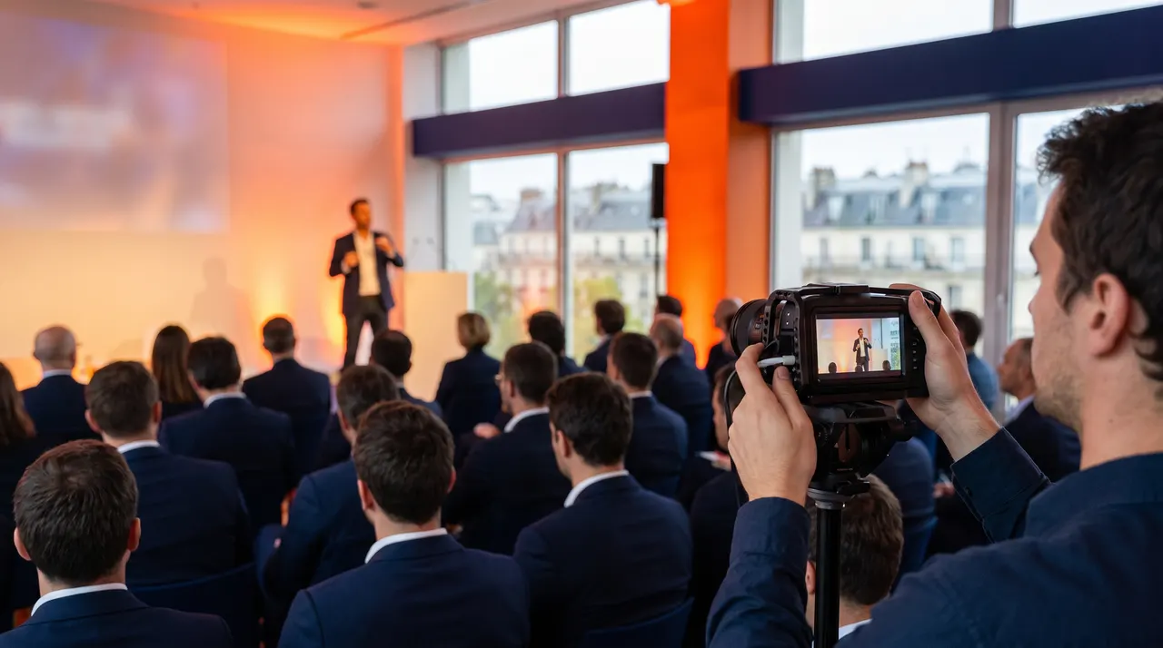 Plénière de séminaire d'entreprise filmée par un vidéaste avec une caméra compacte, public de dos et lumière orange