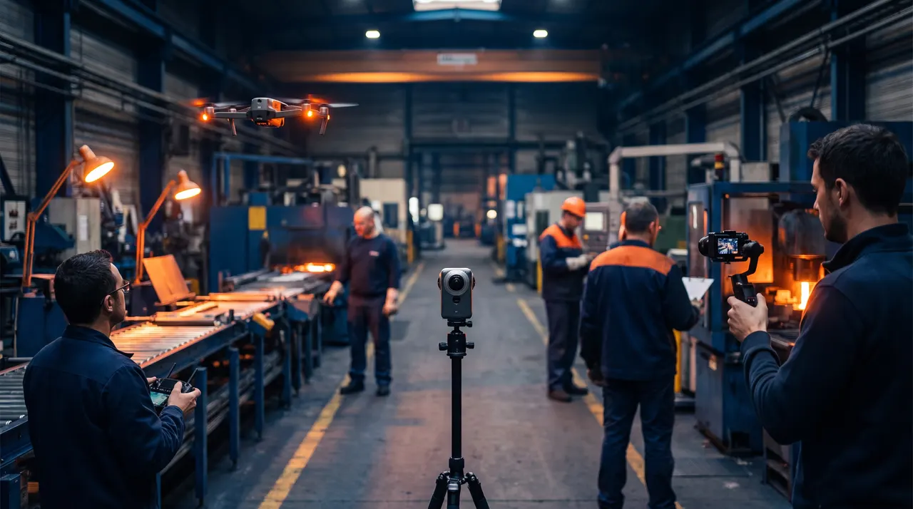 Tournage d'une visite virtuelle en usine : drone en vol, caméra 360° sur trépied et vidéaste avec stabilisateur, lumière orange et ombres bleu nuit