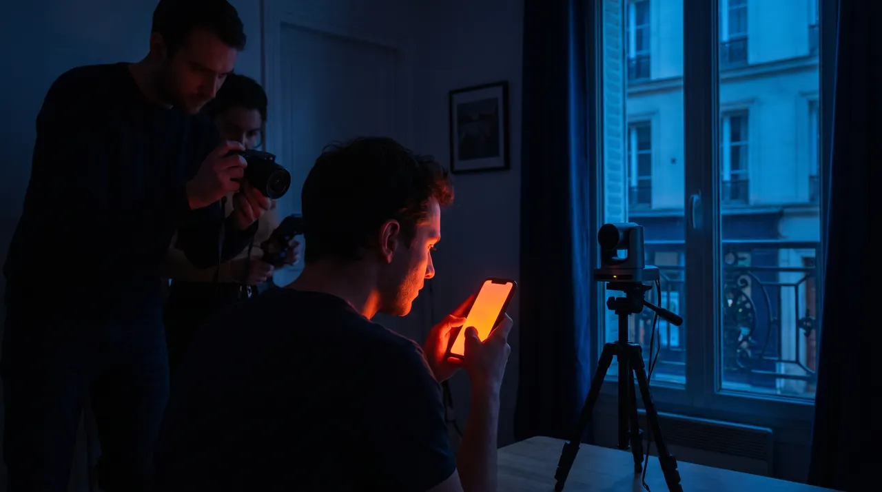 Vues engagées YouTube : spectateur regardant une vidéo sur son téléphone pendant qu'une équipe filme la scène