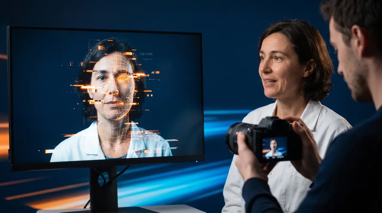 Communication scientifique vidéo : chercheuse en blouse filmée à la caméra compacte, son visage pixellisé sur un écran voisin