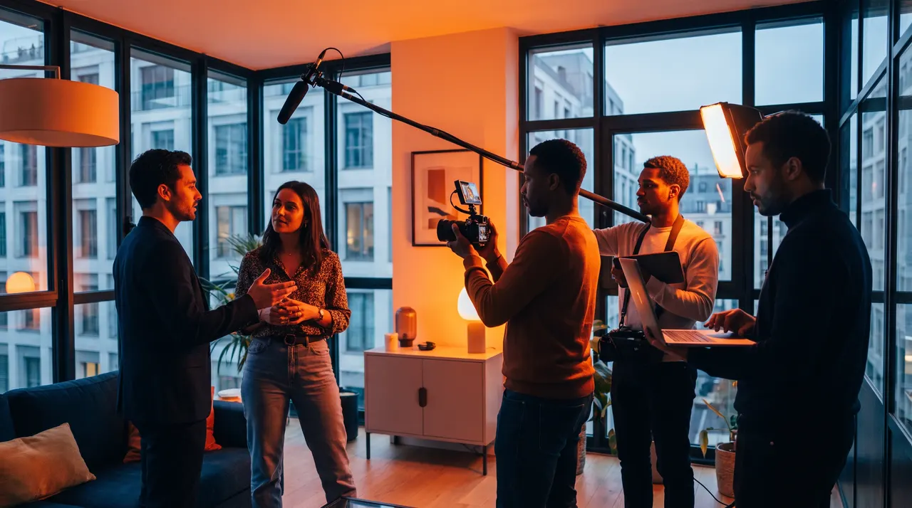 Tournage d'un épisode de websérie dans un appartement lumineux : deux intervenants, un cadreur caméra en main, une perche son et un projecteur
